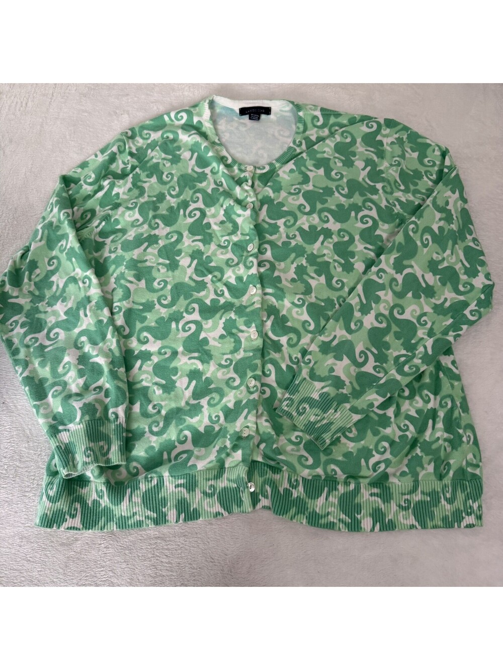 Lands End Sweater Women's XL Green White Cardigan Seahorse Cotton Stretch